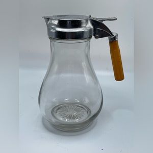 Vintage Syrup Dispenser Green Bakelite Handle & Glass Potbelly Jar